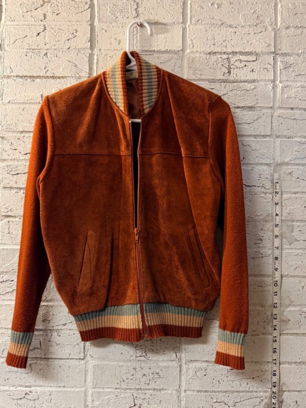 Vintage Landmark XL 70s Rust Suede Leather Knit Bomber Jacket Striped Varsity